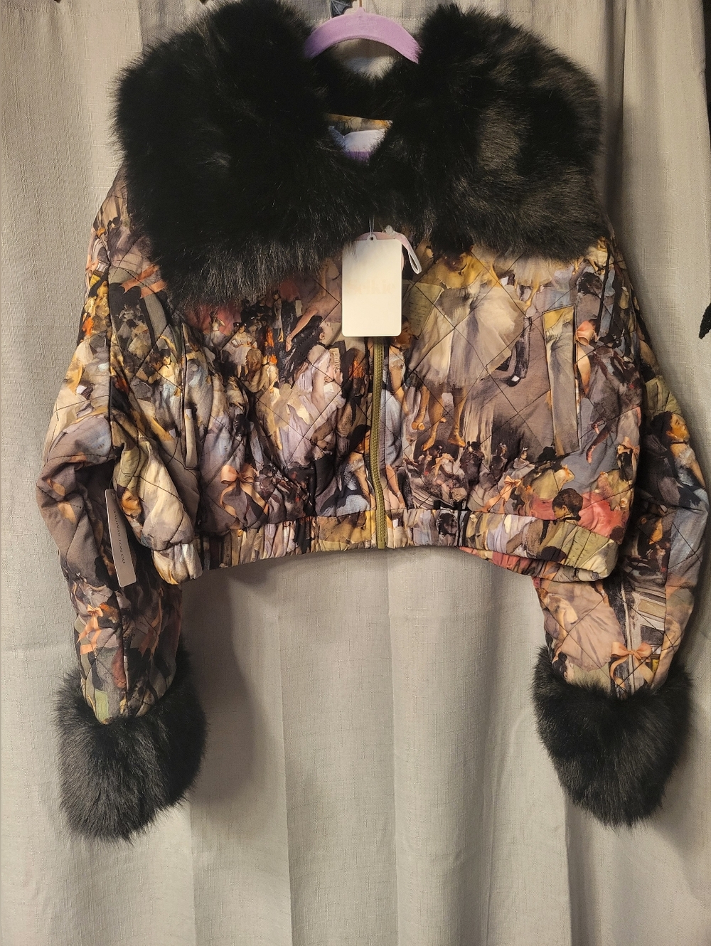 NWT Selkie Cropped Puffer Jacket with Black Faux Fur Trim